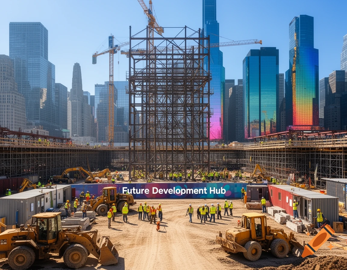 A large construction site bustling with workers and heavy machinery, set against a backdrop of modern skyscrapers under a clear sky.