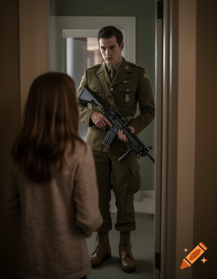 Photorealistic image of a man in a military uniform holding a rifle, looking solemnly at a girl with her back turned in a doorway.