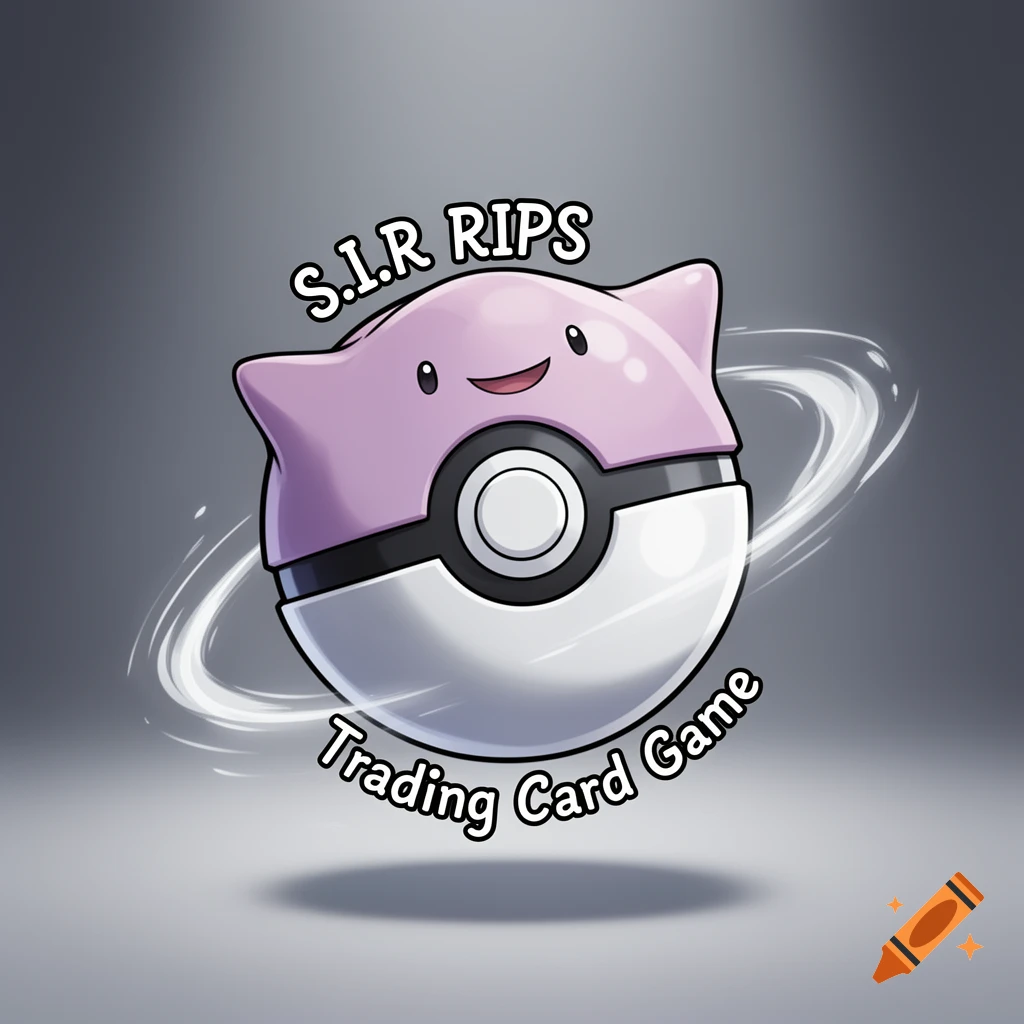 A stylized pink Ditto as a Poké Ball, floating with white swirls. Text "S.I.R RIPS" and "Trading Card Game" surround it.