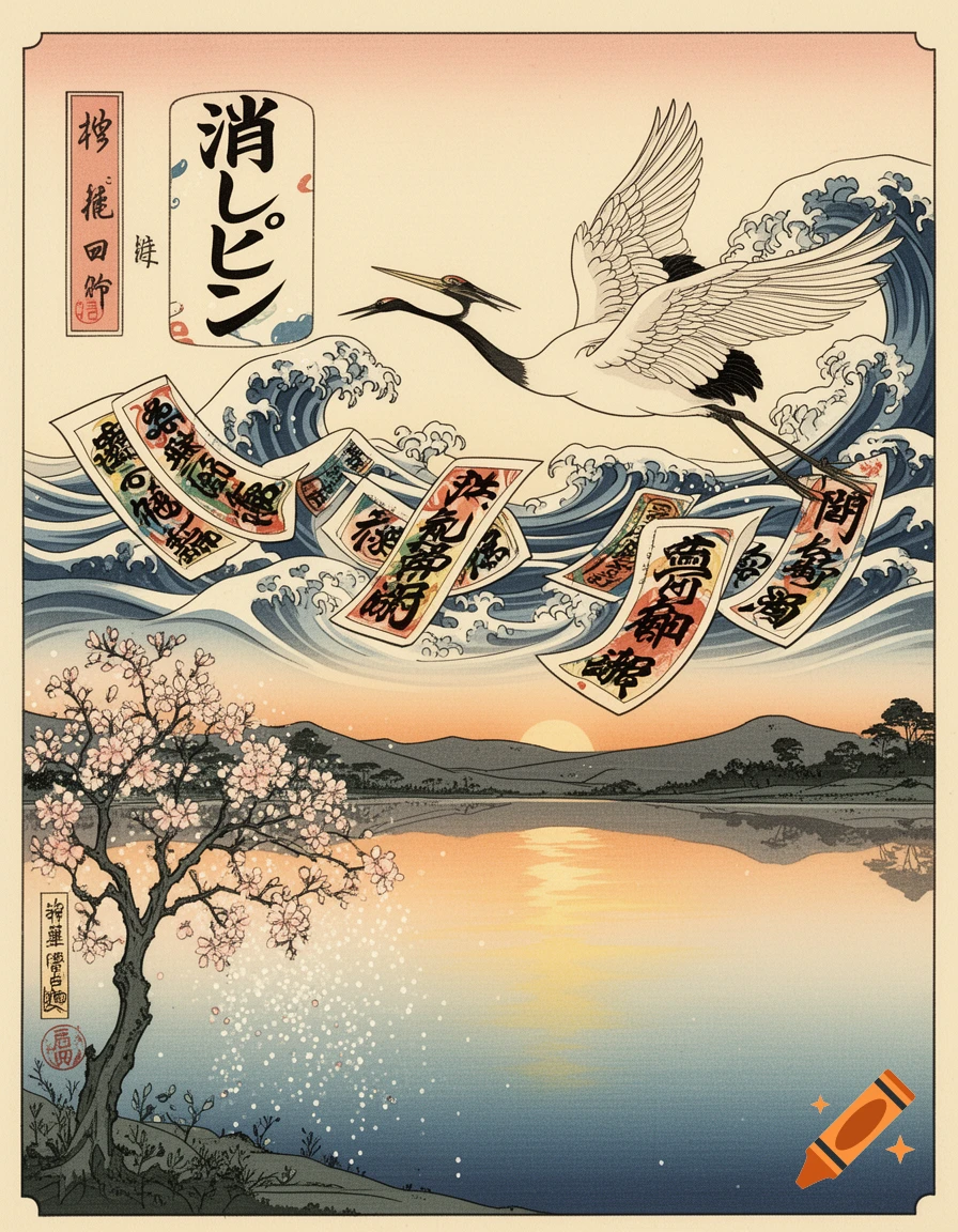 Ukiyo-e style landscape with two cranes flying over large waves and floating banners, above a tranquil lake reflecting a sunset, with a cherry blossom tree on the left.