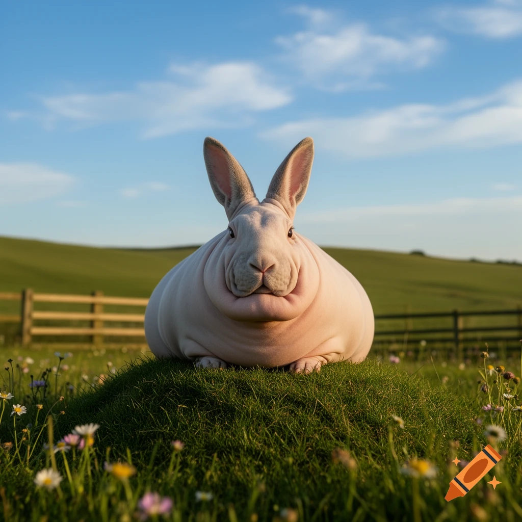 A very fat, hairless rabbit with a double chin sits on a grassy mound in a sunny field under a blue sky.