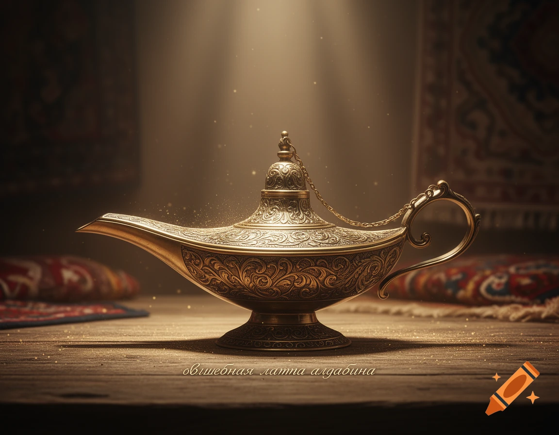 An ornate golden genie lamp with intricate carvings glows magically on a wooden table, against a dark, richly patterned background.