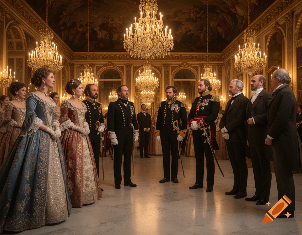 Photorealistic image of people in historical formal attire and military uniforms in a grand, chandelier-filled hall.