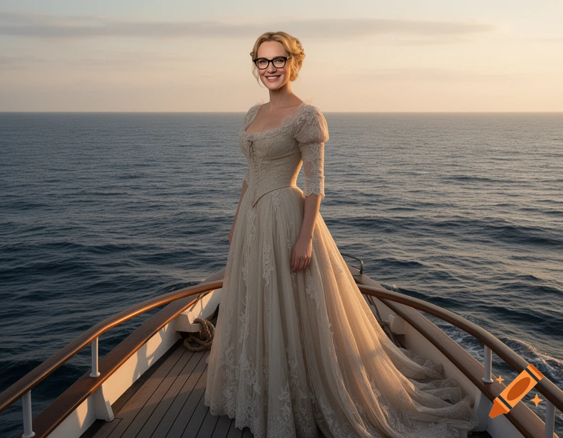 A woman in a vintage white gown stands on the bow of a ship at sea during sunset.