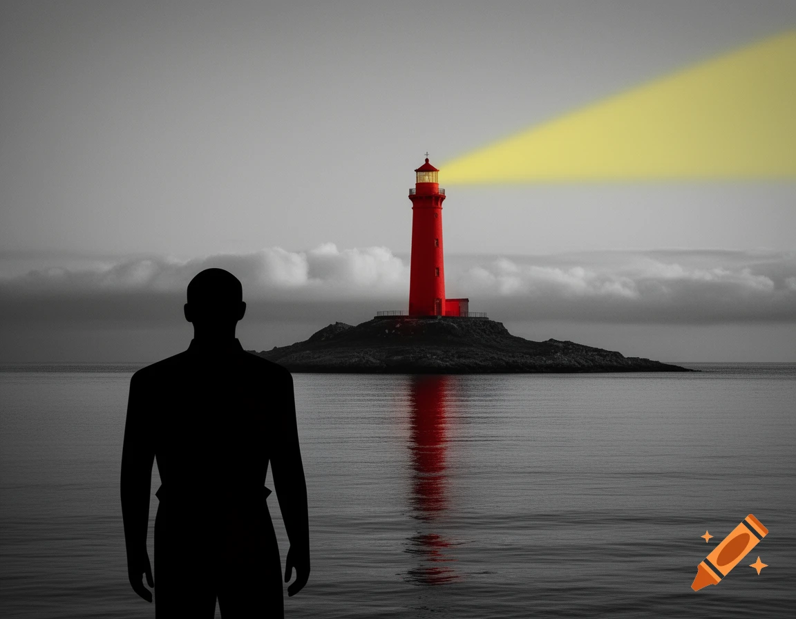 A black silhouette of a person views a red lighthouse with a yellow beam on a rocky island in a monochrome seascape.