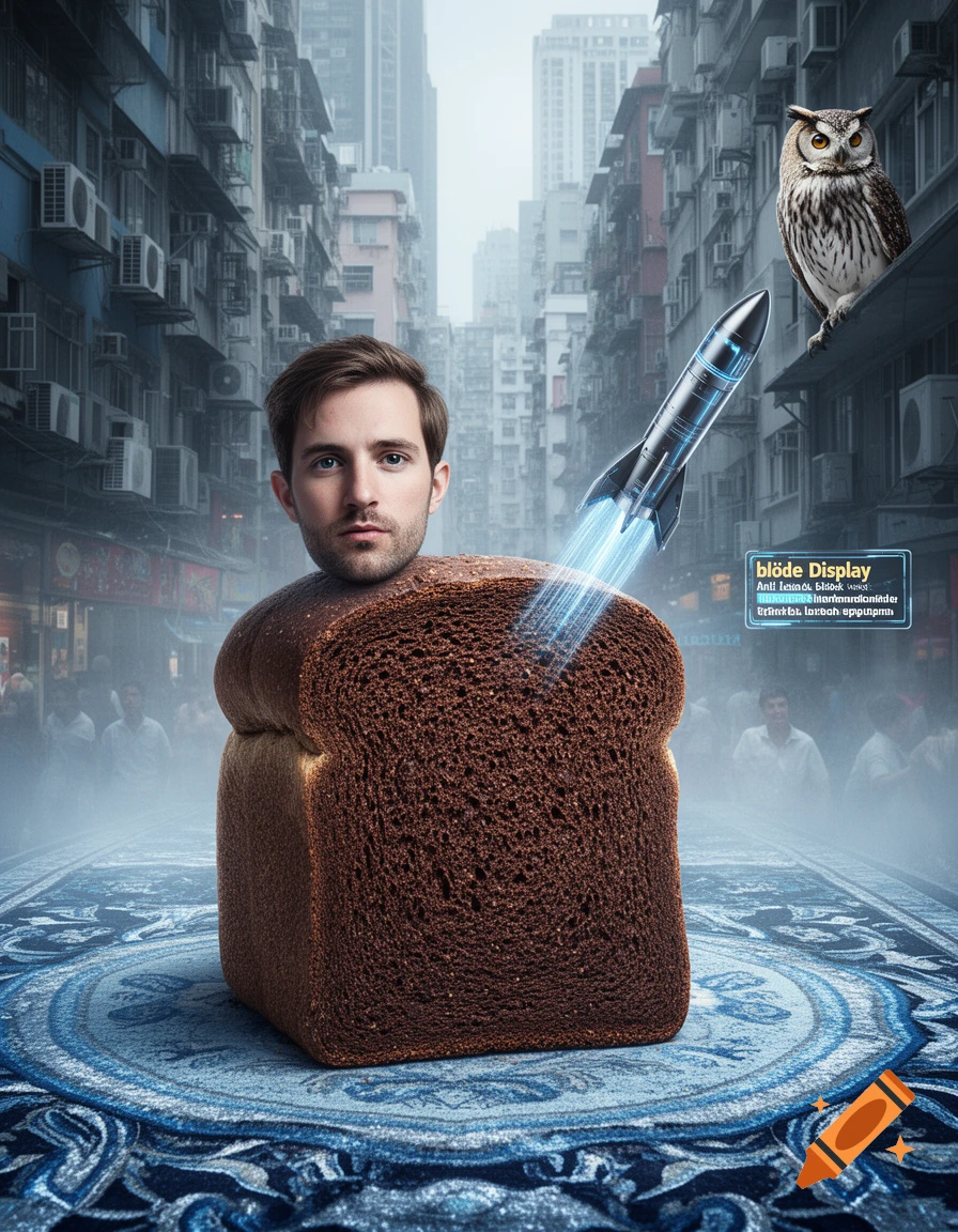 A man's head sits on a loaf of pumpernickel bread in a surreal city street, a rocket launching from the bread, and an owl perches above.