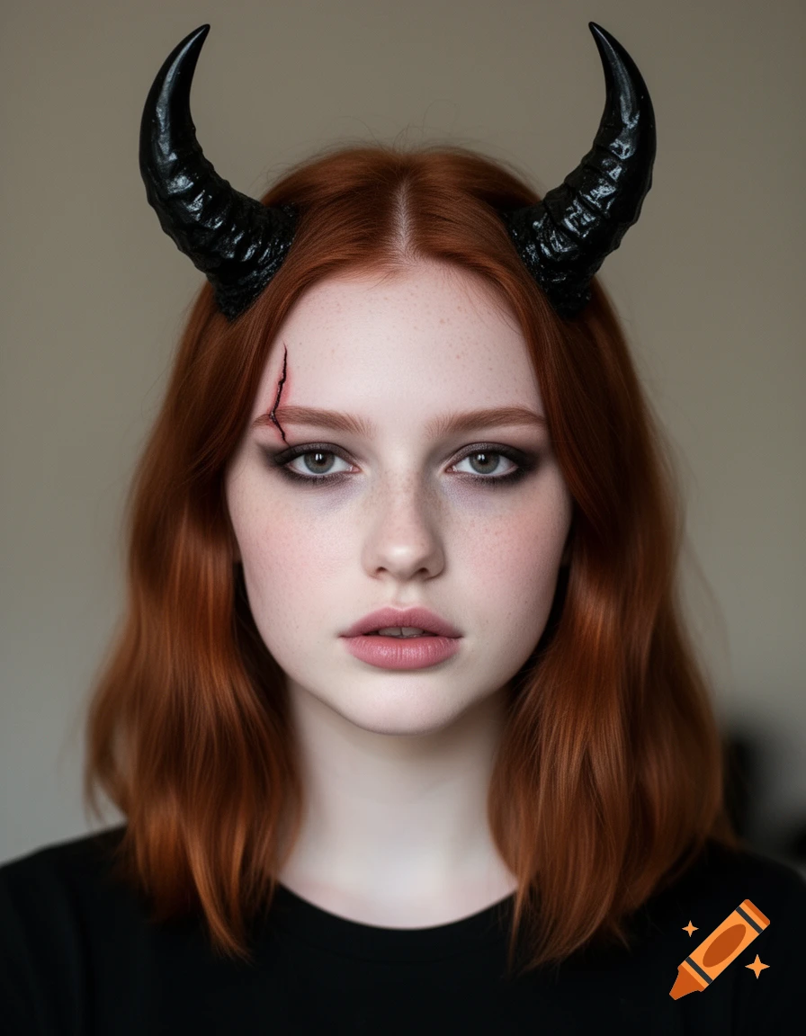 Photorealistic portrait of a pale woman with auburn hair, demon horns, dark eye makeup, and a scar over her right eye.