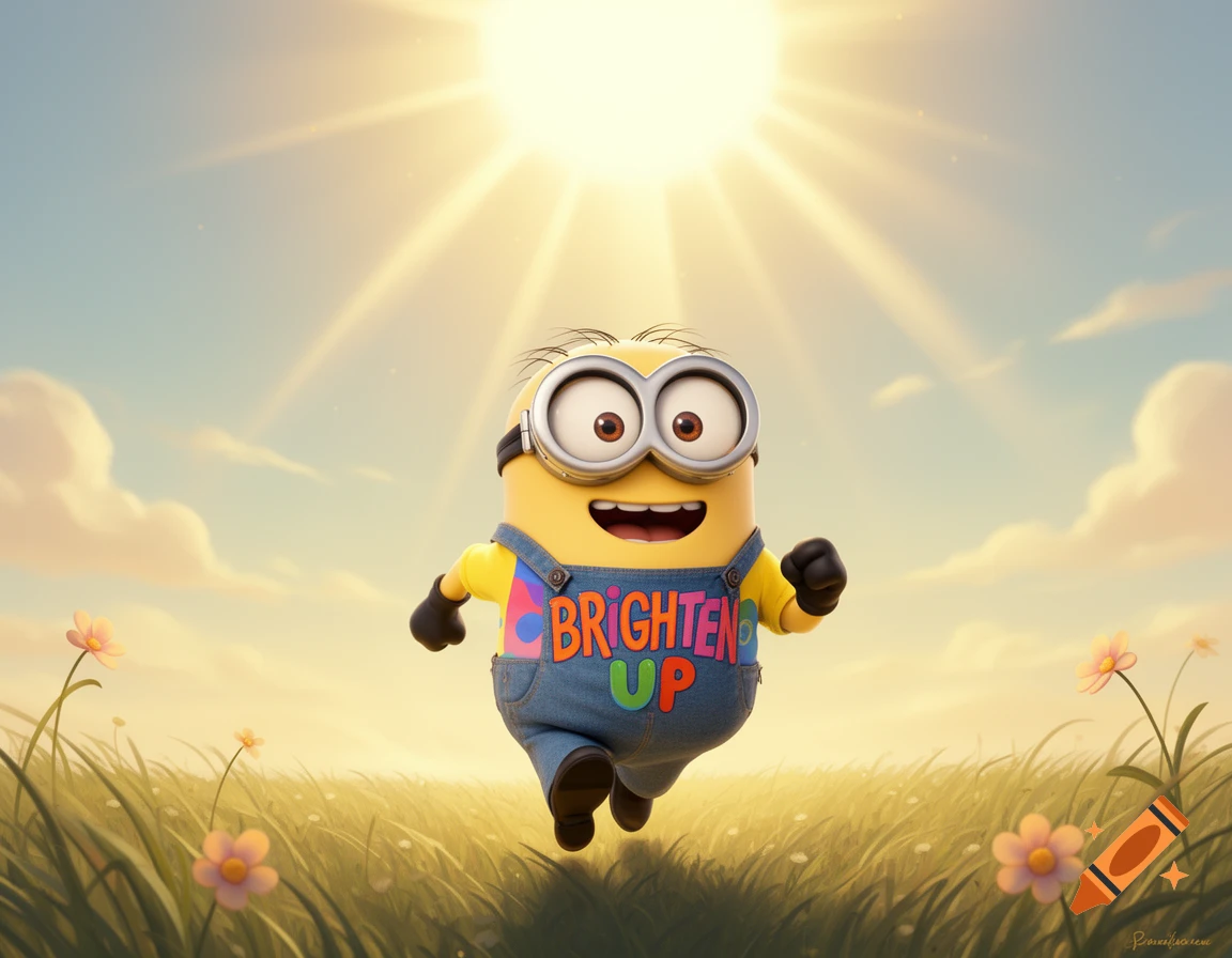 A cheerful Minion runs through a sunny, grassy field with flowers, wearing a yellow shirt that says 'BRIGHTEN UP' and denim overalls.