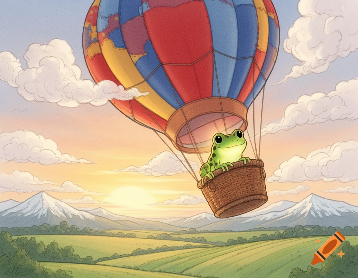 A cute green frog in a hot air balloon floats over fields and mountains at sunset, in a charming illustration.