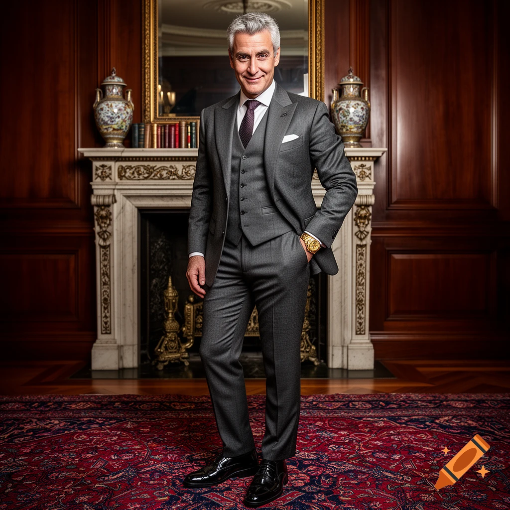 A man in a dark gray three-piece suit, white shirt, and red tie stands in a luxurious room with a fireplace and oriental rug.