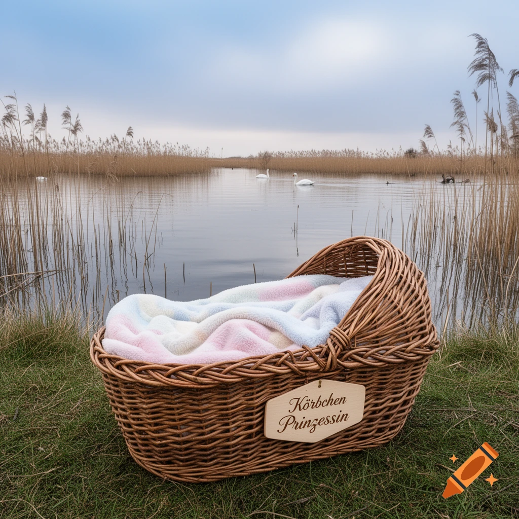 A woven Moses basket with a pastel blanket and a "Körbchen Prinzessin" tag sits by a reedy lake with swans under a cloudy sky.