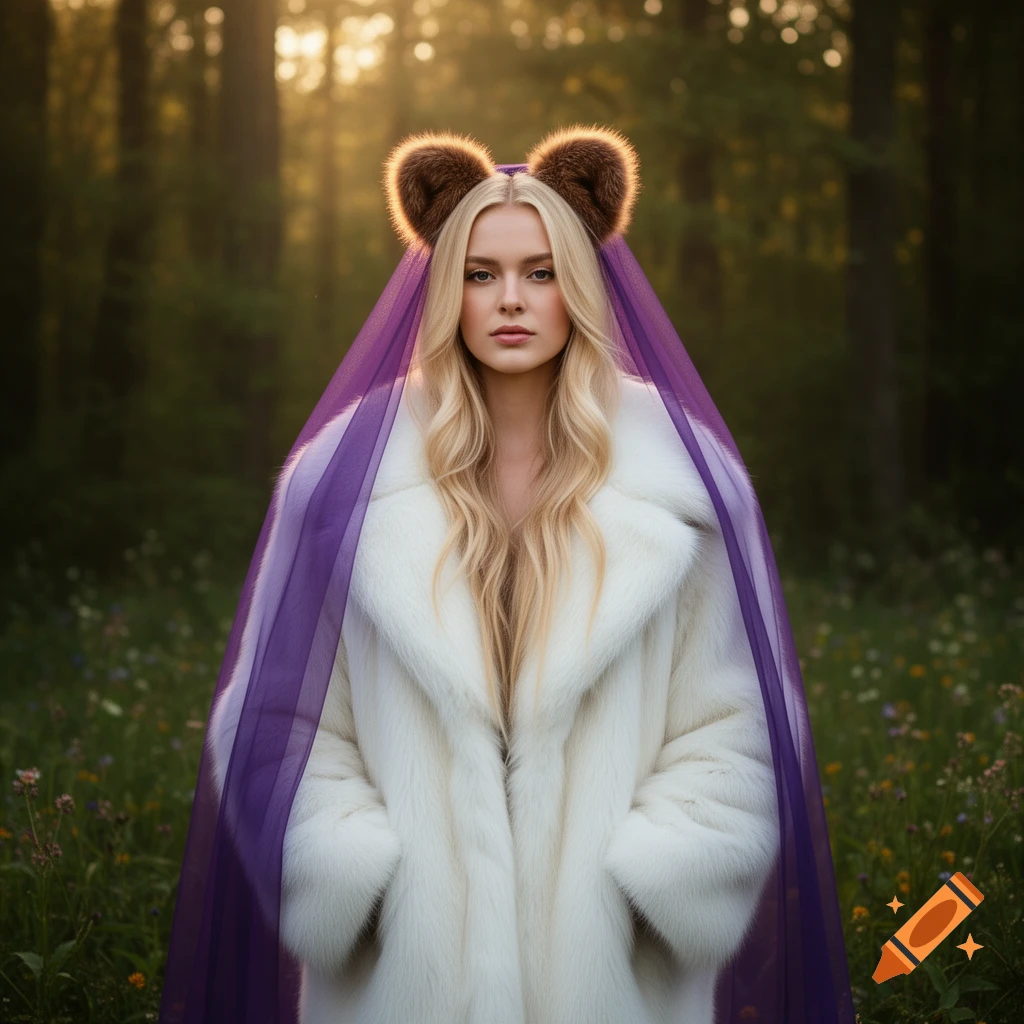 A blonde woman in a white fur coat and purple veil with furry bear ears stands in a sunlit forest.