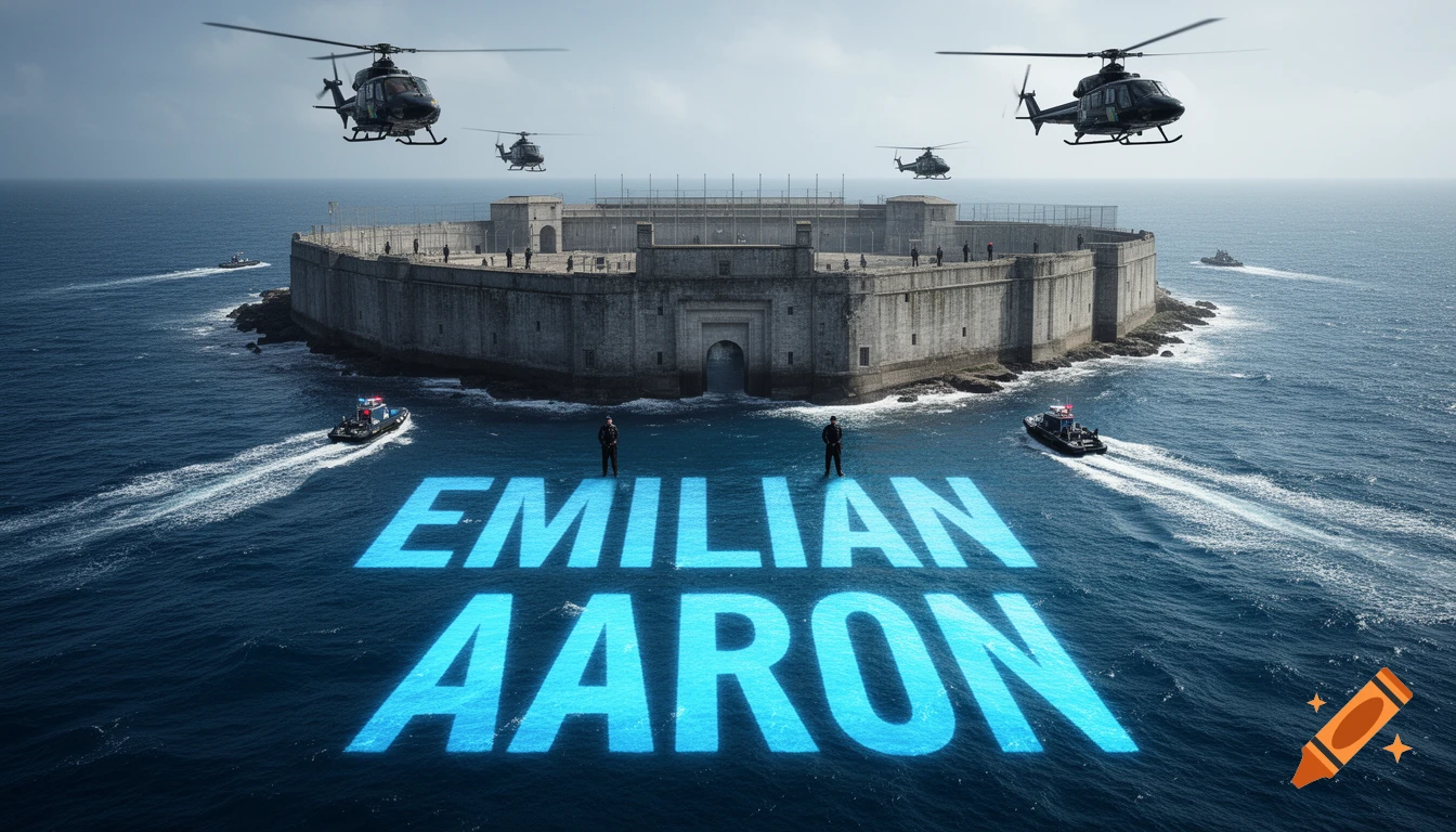 Photorealistic aerial view of a fortified prison island in the ocean with police boats, helicopters, and guards. The names "EMILIAN" and "AARON" glow bright blue in the water.