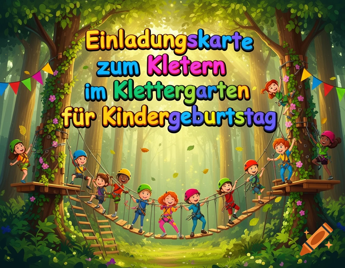 A cartoon forest scene with diverse children climbing on rope bridges and platforms, for a birthday invitation.