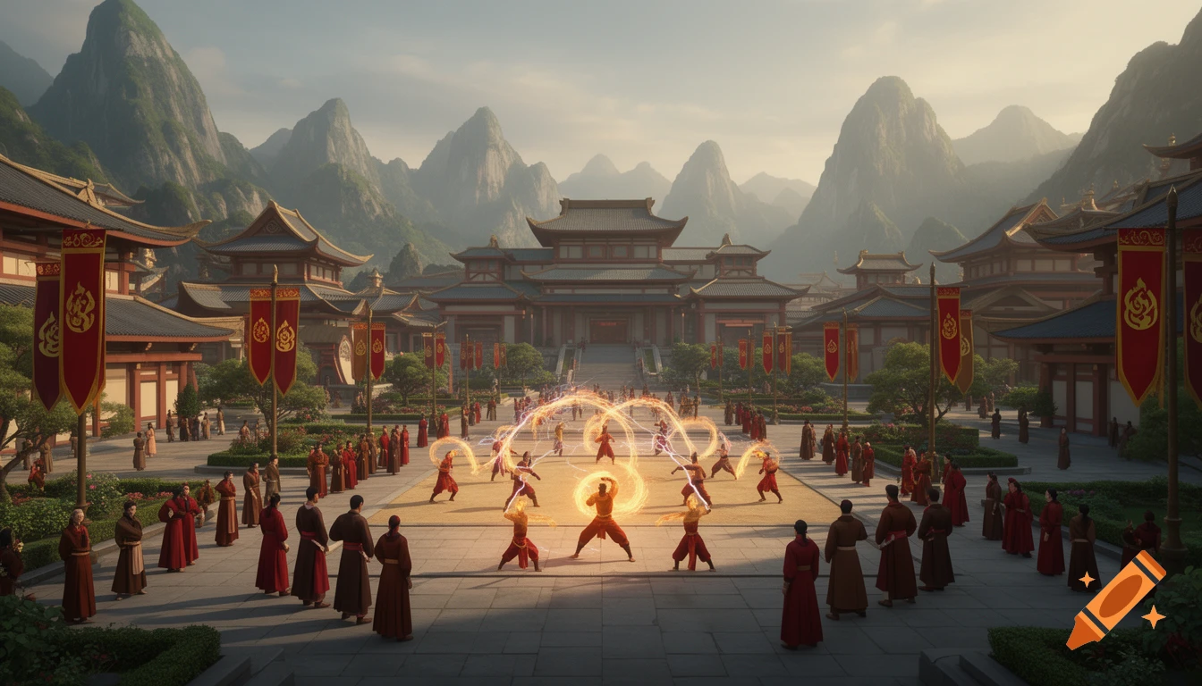 A grand outdoor training ground for firebenders in a large, intricate Asian-inspired city among mountains, with many observers.