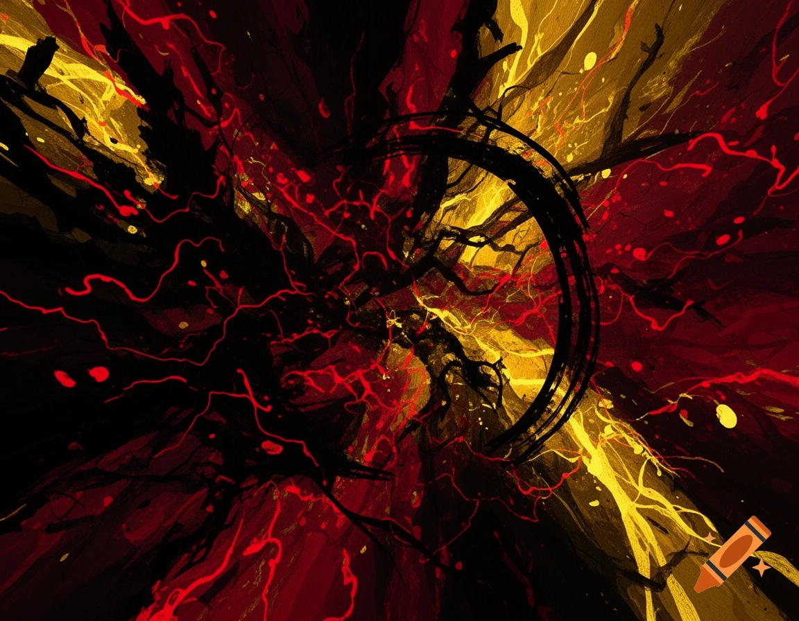 Abstract art with swirling black, red, and yellow brushstrokes centered around a dark ring.