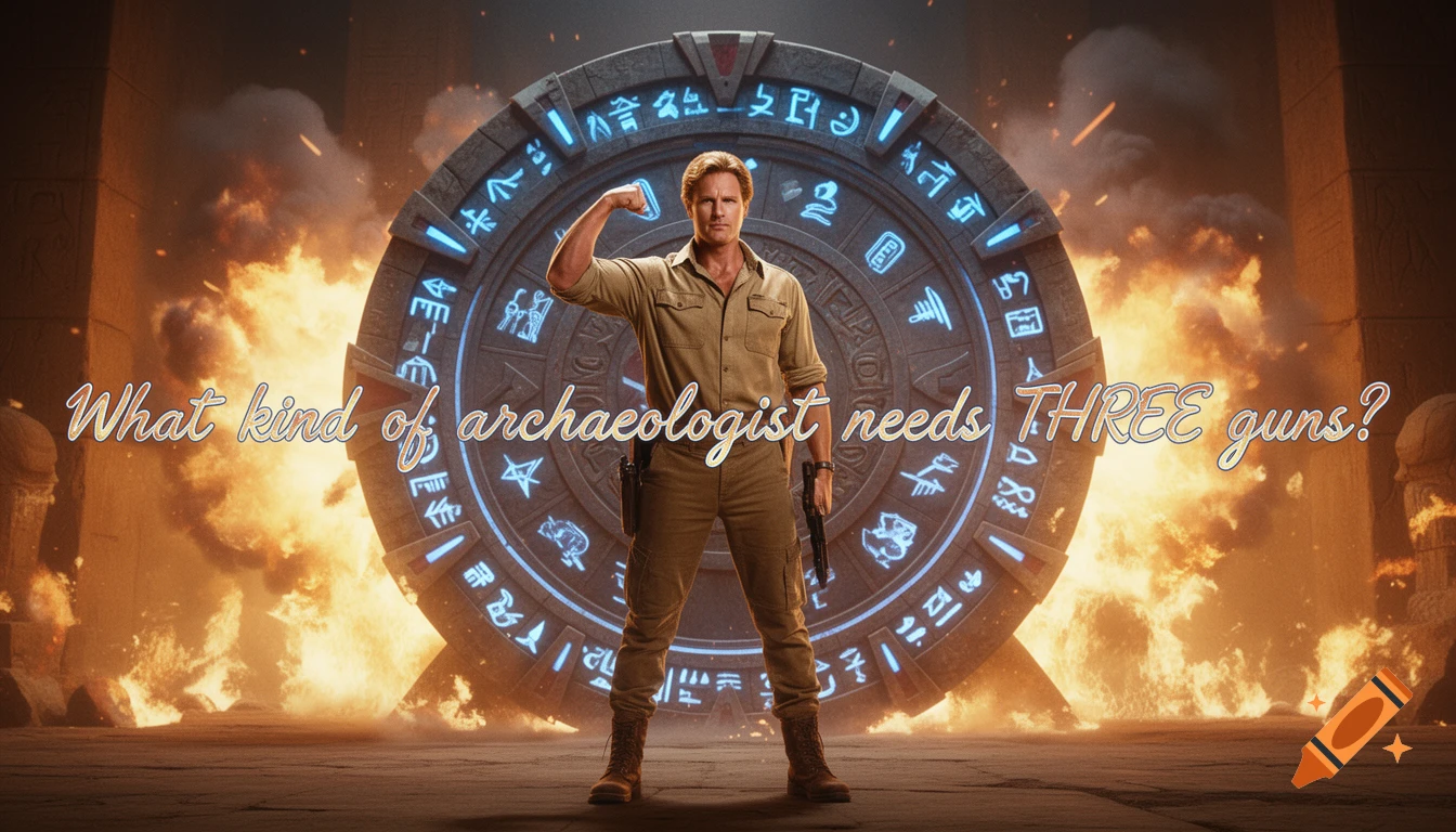 A man in an adventurer's outfit flexes, holding a pistol, against a backdrop of a glowing, ancient gate and explosions, with overlay text asking, "What kind of archaeologist needs THREE guns?"