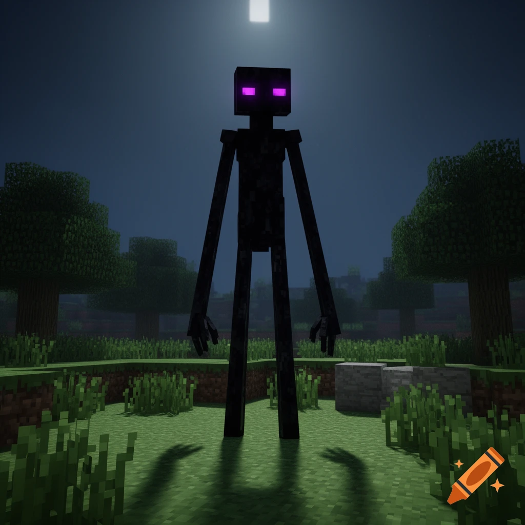 A tall, dark Minecraft Enderman with glowing purple eyes stands in a blocky field under a bright moonlit sky.