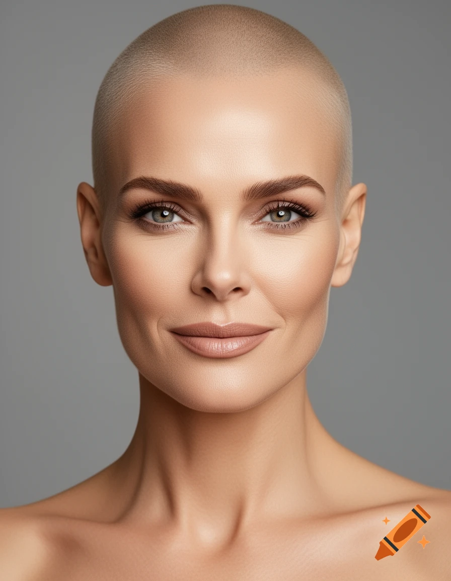 A photorealistic portrait of a woman with a shaved head, looking forward with a slight smile, against a grey background.
