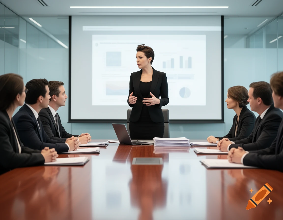 A businesswoman in a black suit presents to colleagues around a conference table in a modern office.