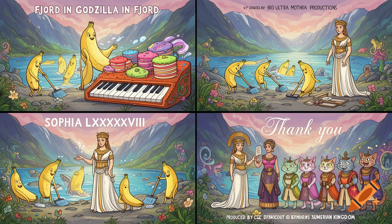 A four-panel cartoon comic. Each panel features a lake with mountains in the background. Anthropomorphic bananas, a woman in ancient Greek attire, a keyboard made of cakes, and cat princesses from a Sumerian kingdom are depicted.