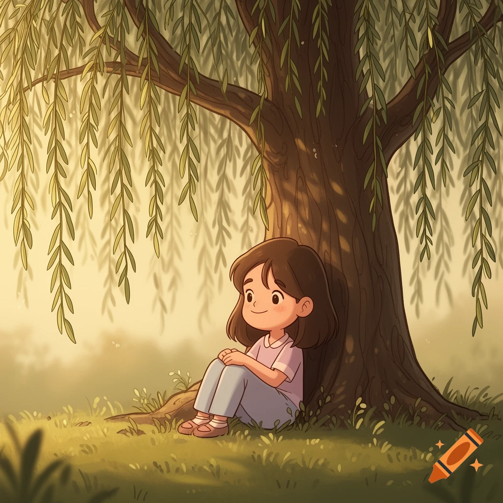 Cartoon girl sitting alone, hugging her knees under a large willow tree in a sunny field.
