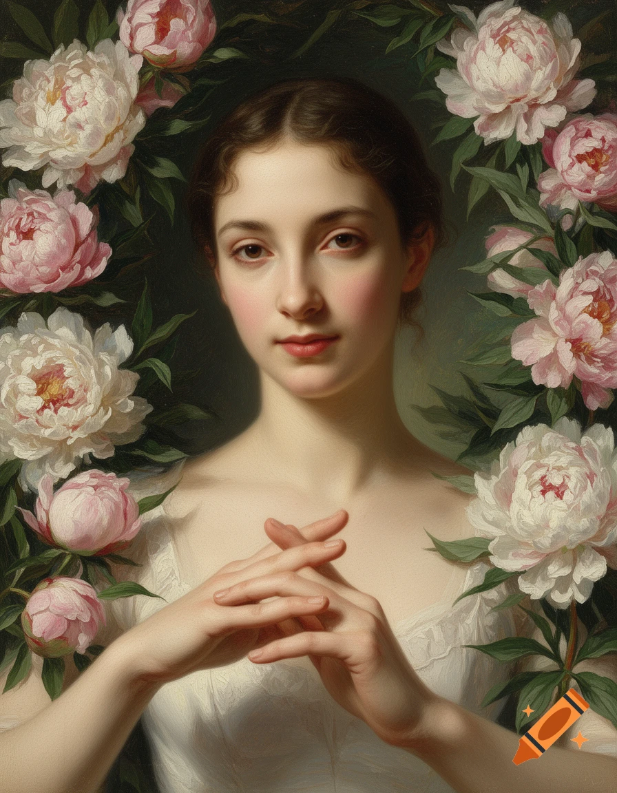 Classical oil painting of a young woman with dark hair, light skin, and intertwined hands, surrounded by pink and white peonies.