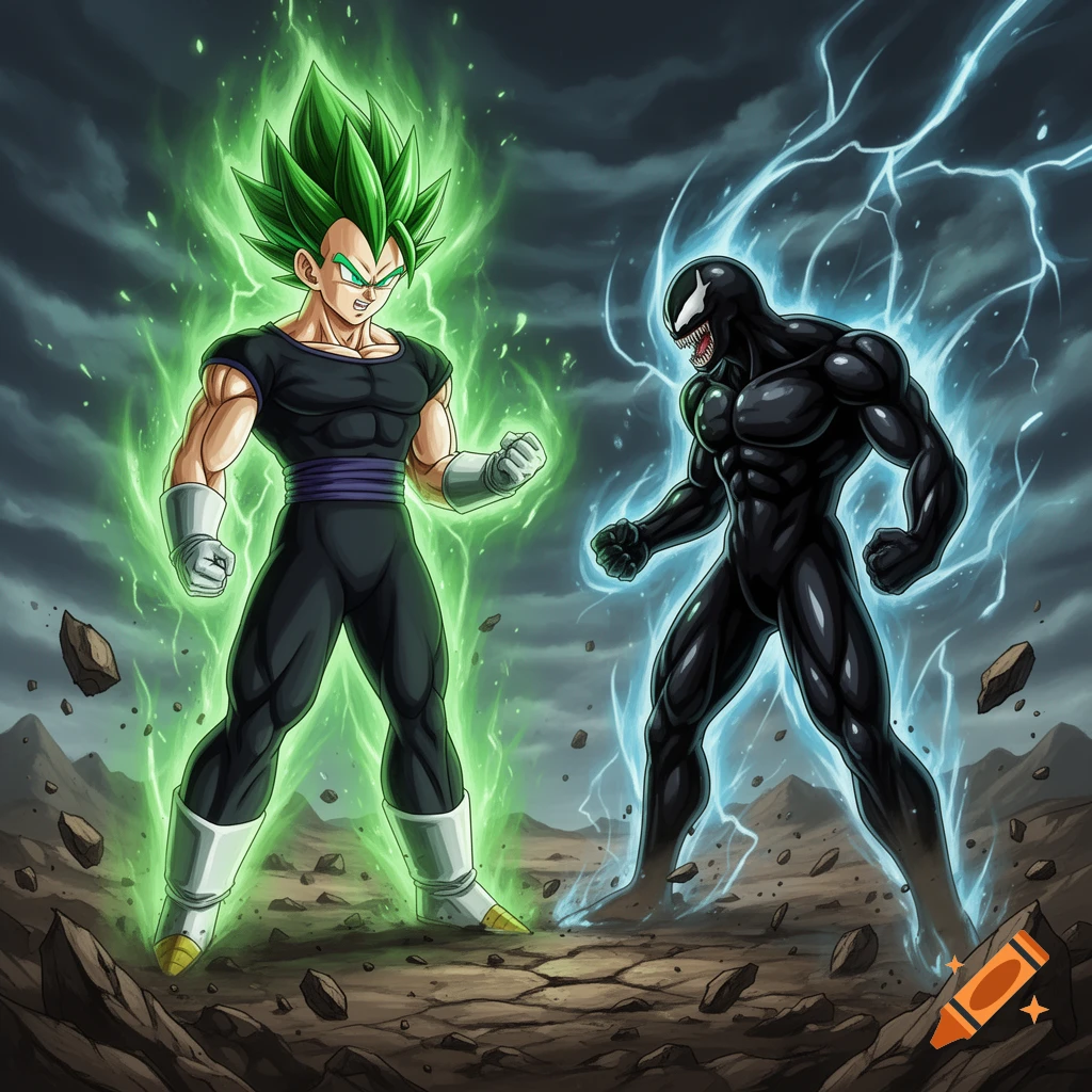 An anime-style image of a green-haired Vegeta-like character and a black Venom-like character in fighting stances amidst energy and a rocky landscape.