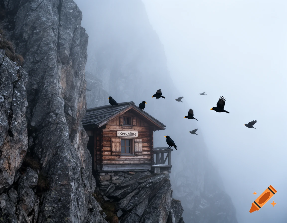 A wooden mountain hut clinging to a steep, rocky cliffside, surrounded by fog with black birds flying.