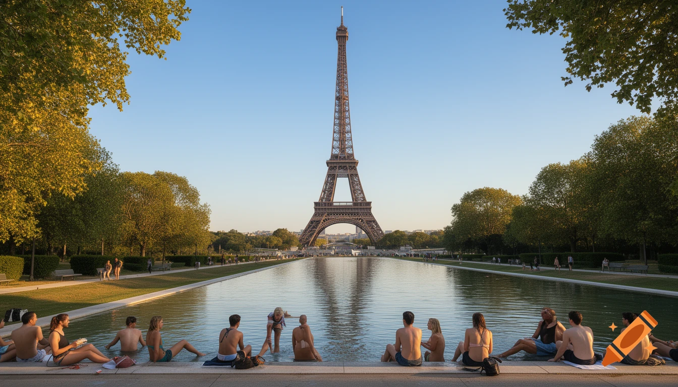 View of the Eiffel Tower across a reflecting pool with people sitting along the edge, dipping their feet in the water.