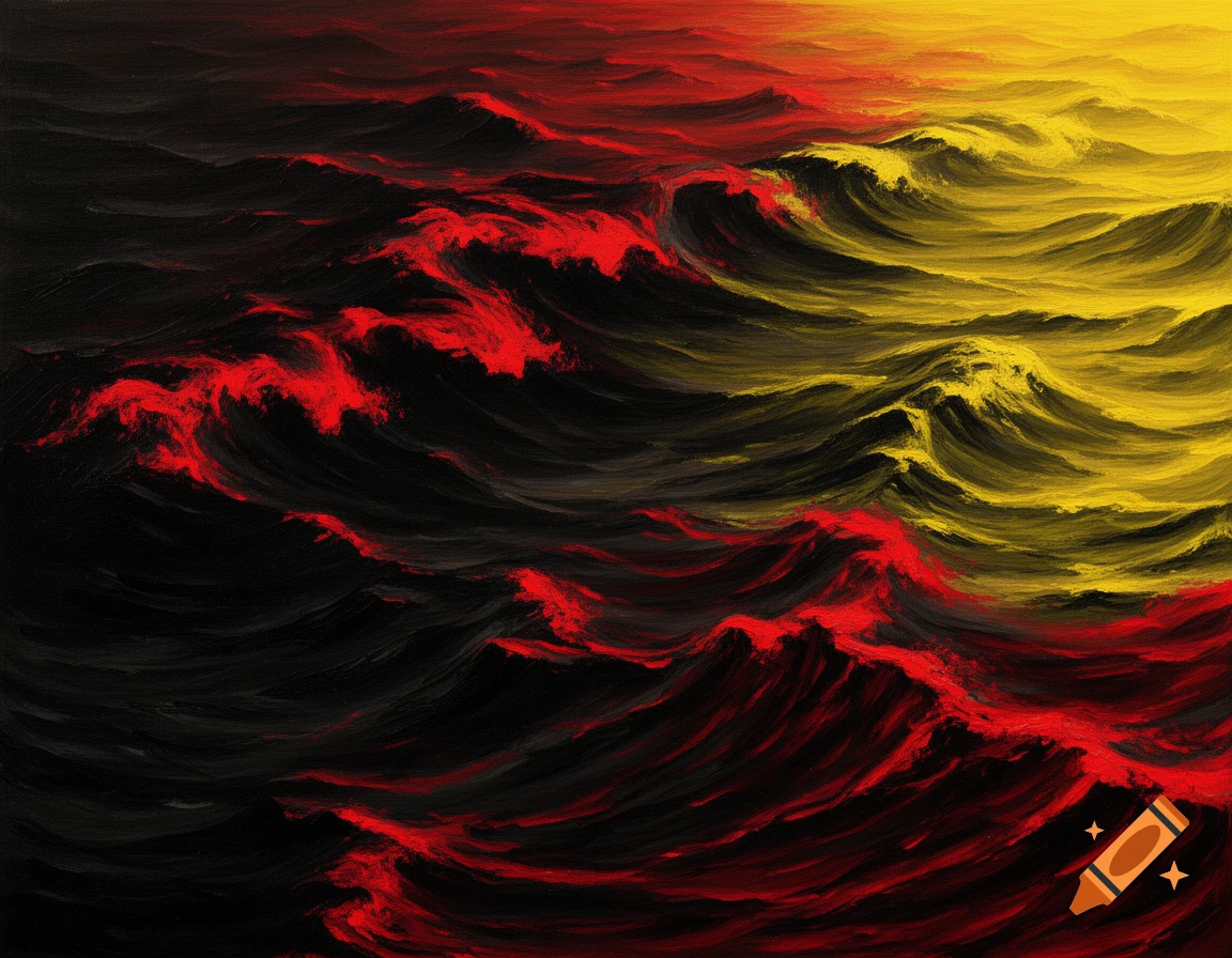 Abstract painting of turbulent ocean waves in vibrant red, black, and yellow hues.