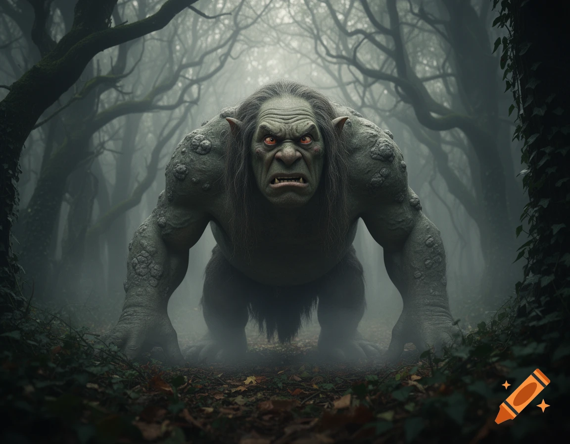 A scary, green-skinned troll with red eyes crouches snarling in a dark, misty forest with gnarled trees and fallen leaves.