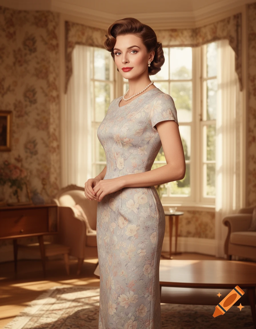 An elegant woman with a vintage hairstyle wears a light floral dress and pearl necklace in a sunlit room.