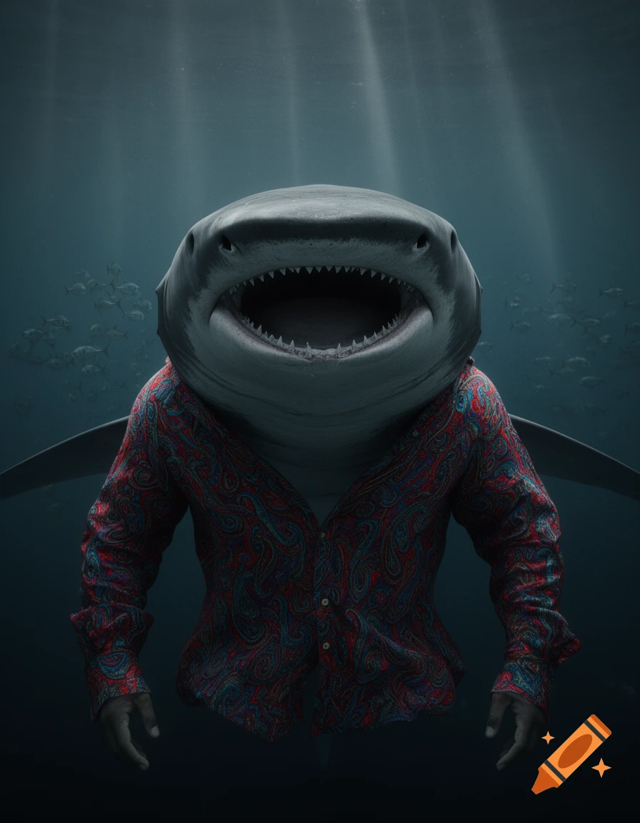 Photorealistic portrait of a shark with an open mouth, wearing a red and blue paisley pattern shirt underwater.