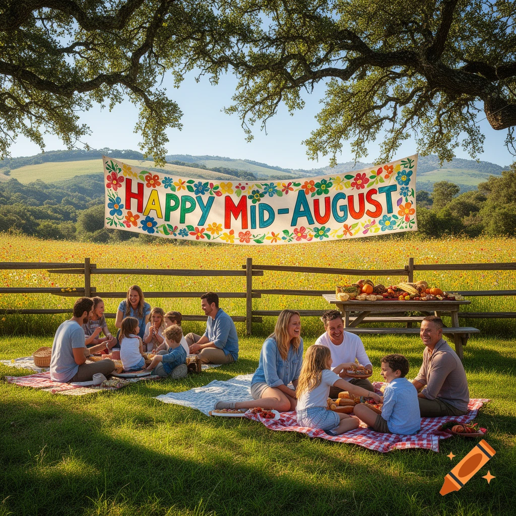 A family has a picnic in a sunny field with a 'HAPPY MID-AUGUST' banner overhead, surrounded by rolling hills and trees.
