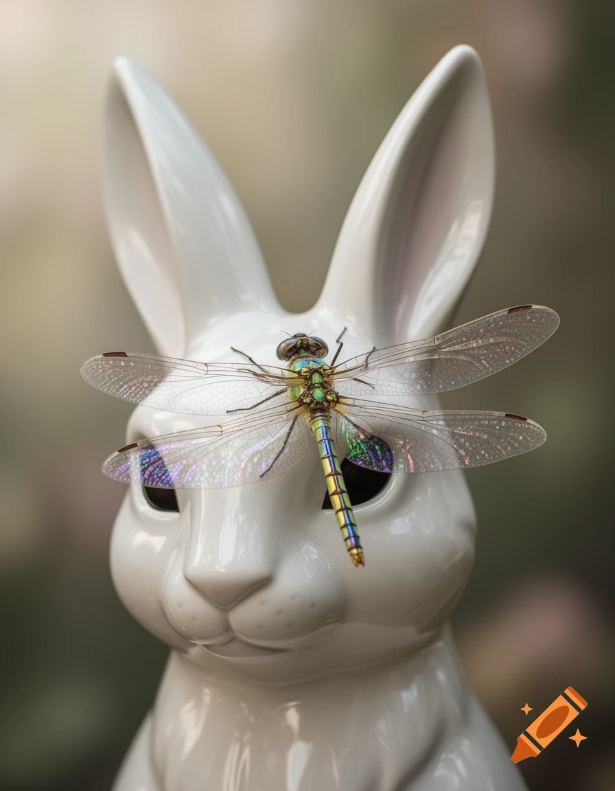 A detailed white porcelain rabbit sculpture with a vibrant green and iridescent dragonfly resting on its face, wings draped over the eyes.