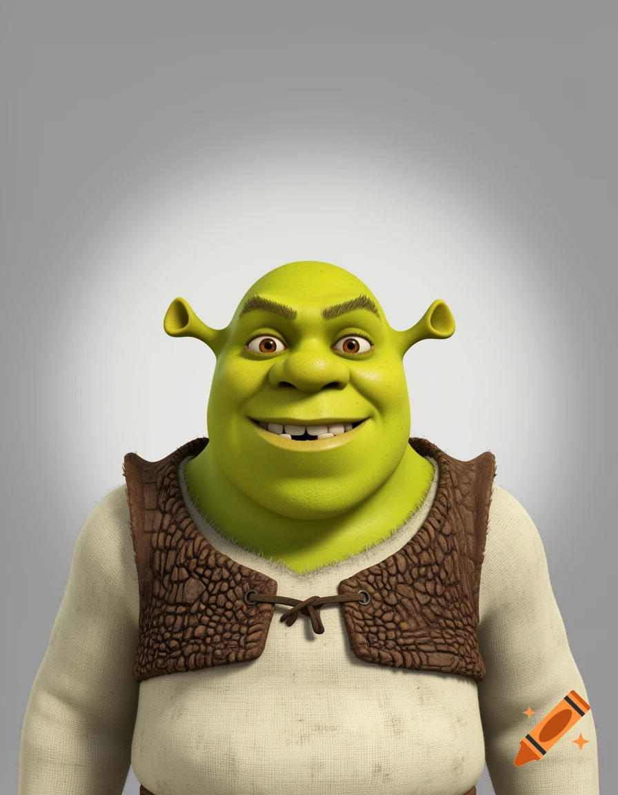 A smiling Shrek, a green ogre character, looks directly at the viewer in a close-up portrait against a light gray background.