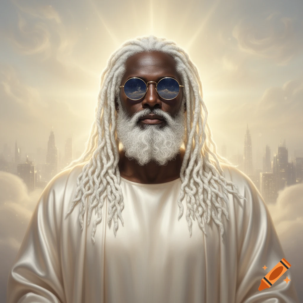 A divine-looking Black man with long white dreadlocks, a white beard, and round sunglasses, wearing a white robe, in a celestial city setting.