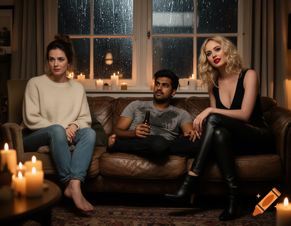A cinematic, ultra-realistic scene in a candlelit London flat with three people. A man sits on a leather sofa between two women; one in a cream sweater, the other in a black top and leather pants.
