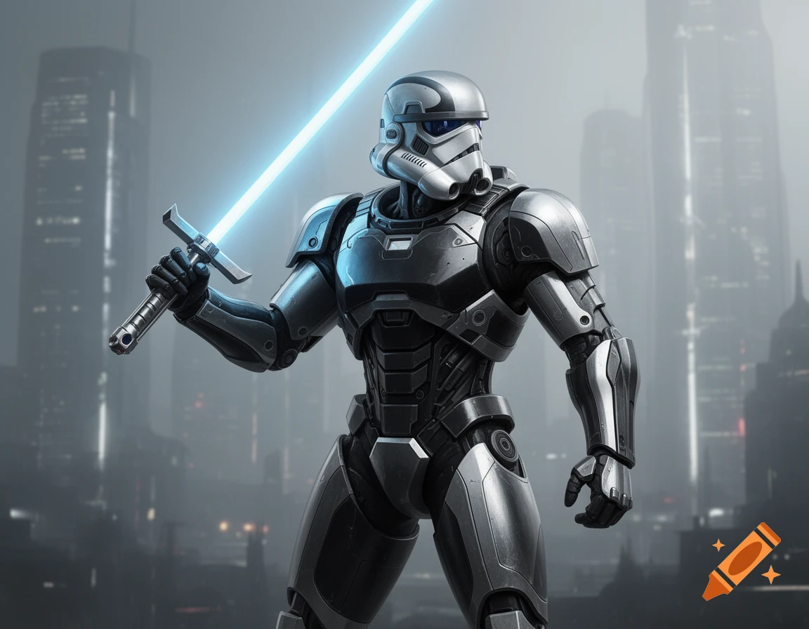 A futuristic soldier in metallic, stormtrooper-style armor holds a glowing blue lightsaber-style sword in a hazy city.