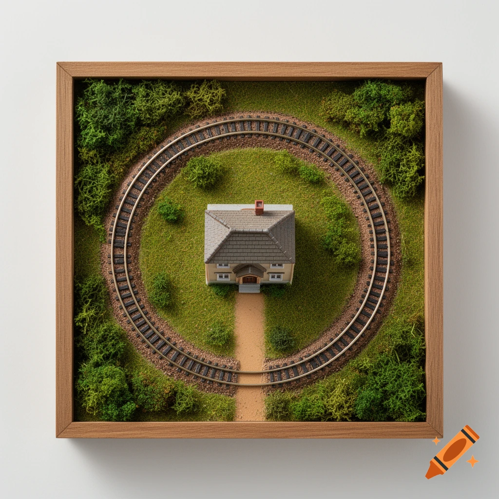 Overhead view of a miniature diorama in a wooden frame with a house, circular train track, and mossy landscape.
