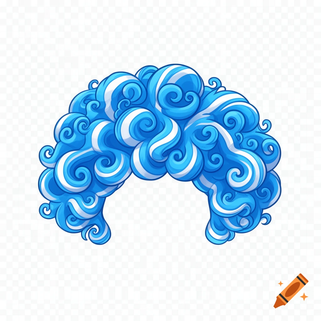 A cartoonish blue clown wig with white stripes on a transparent background.