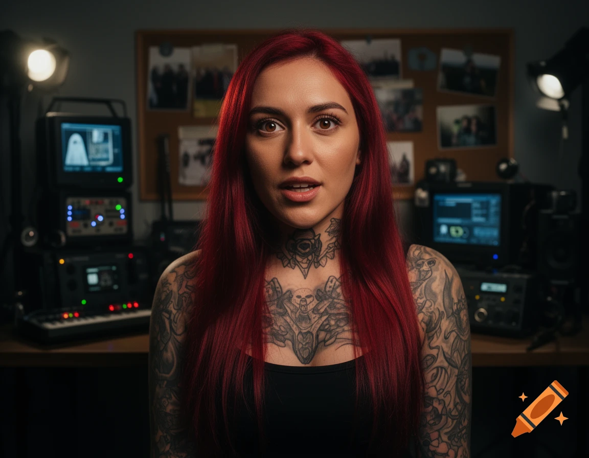 Photorealistic portrait of a red-haired woman with arm, chest, and neck tattoos, in a ghost investigation setup.