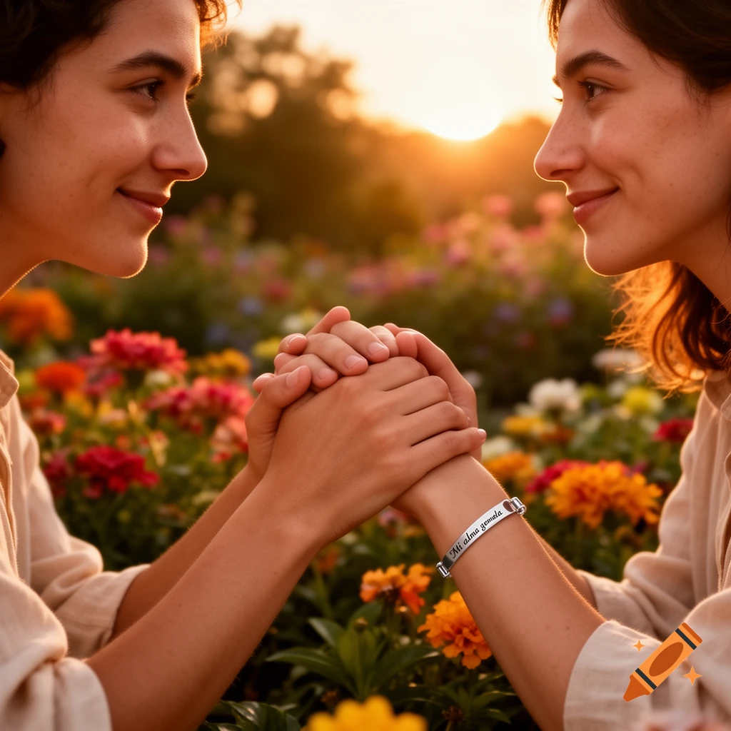 Two smiling women hold hands in a vibrant flower field at sunset, a bracelet reads 'Mi alma gemela'.
