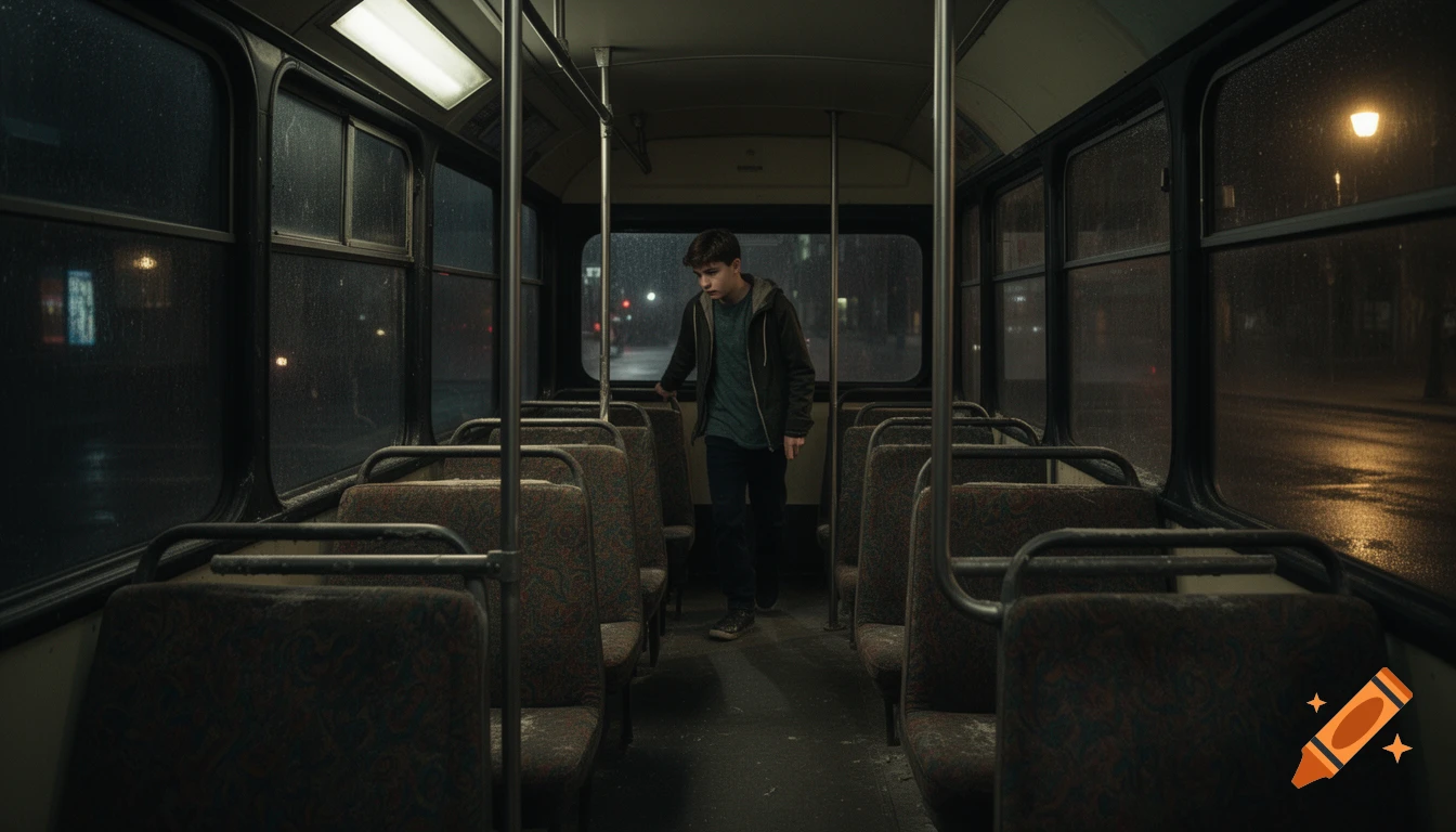 A young man walks down the empty aisle of a dark, rain-streaked bus at night, lit by interior lights and distant streetlights.
