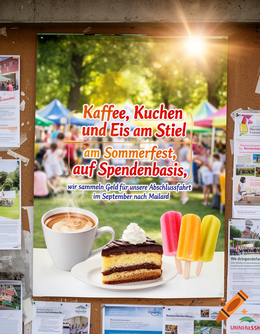 A vibrant poster on a bulletin board advertises a summer festival with coffee, cake, and colorful popsicles, raising funds for a trip.