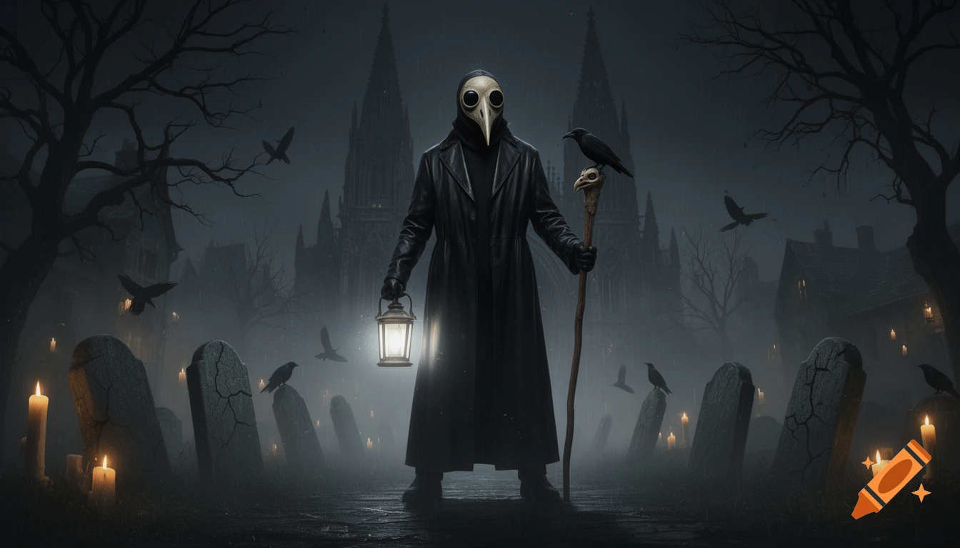 A plague doctor in a black coat and beak mask stands in a misty graveyard with gravestones, candles, crows, and gothic buildings.
