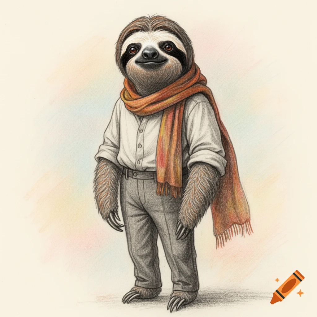A full-body colored pencil drawing of an anthropomorphic sloth wearing a white shirt, gray pants, and an orange scarf.