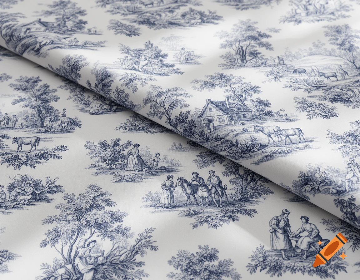 Blue and white toile de Jouy pattern fabric with pastoral scenes including a cottage, people, trees, and animals.