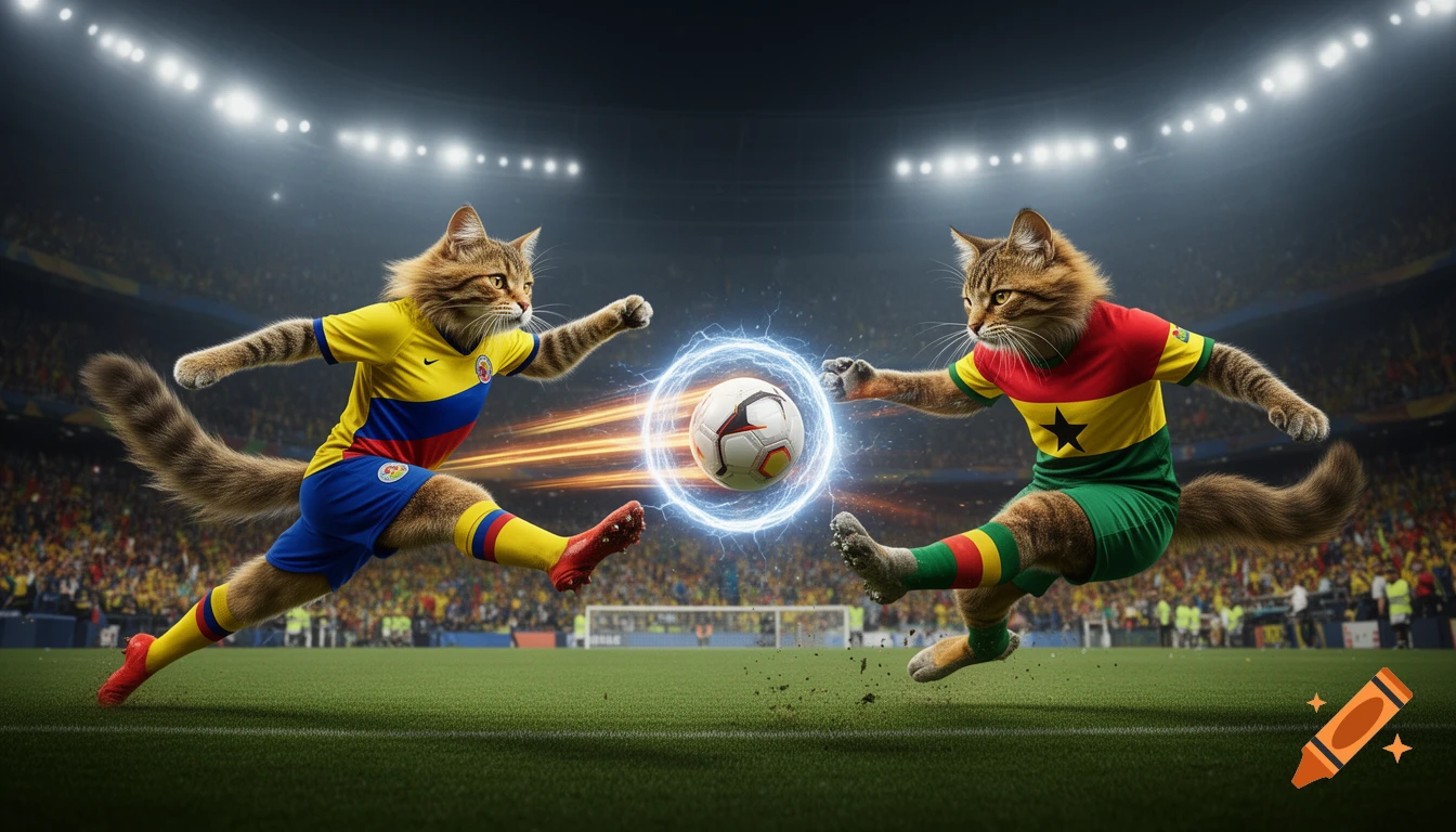 Two anthropomorphic cats in national soccer jerseys, Colombia and Ghana, fiercely kick a glowing soccer ball in a stadium, with spectators in the background.